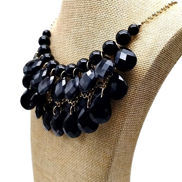 Black Faceted Resin Statement Bib Necklace Gold-tone Chain NWOT - Picture 14 of 14